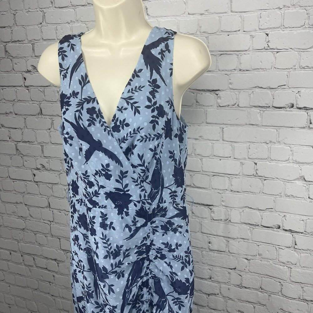 Eliza J Blue Macaw Bird Floral Sleeveless Textured Ruching Midi Trumpet Dress 8 - Picture 12 of 13